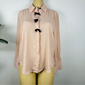 Zara Pink Bow Blouse Sz M Long Sleeves Shirt Top Button Front